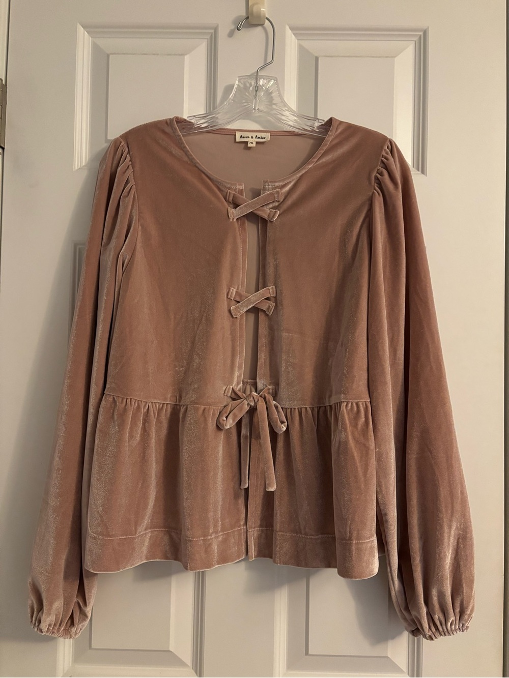 Soft Blush Velvet Tie-Front Peplum Top by Forever & Always